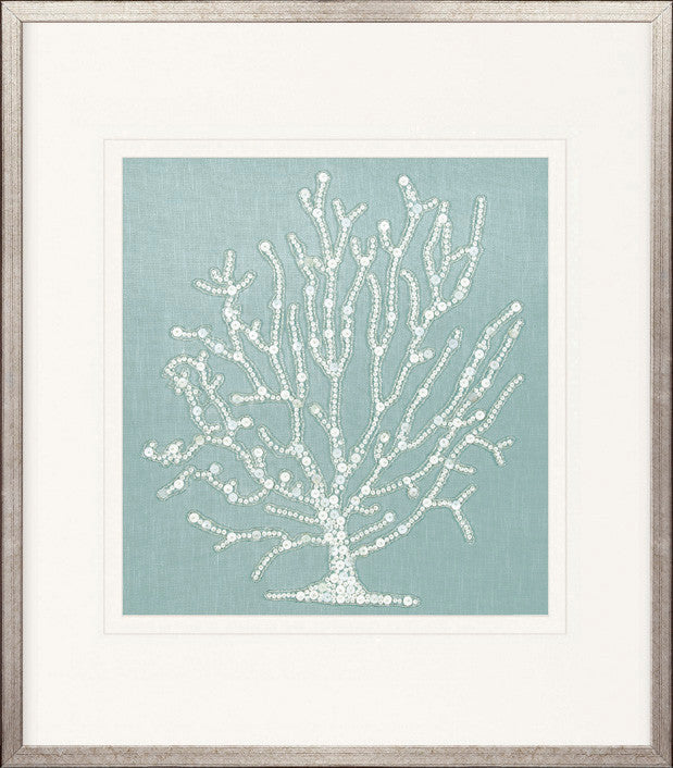 Coral Motif III (Pale Blue) handmade textured artwork, framed