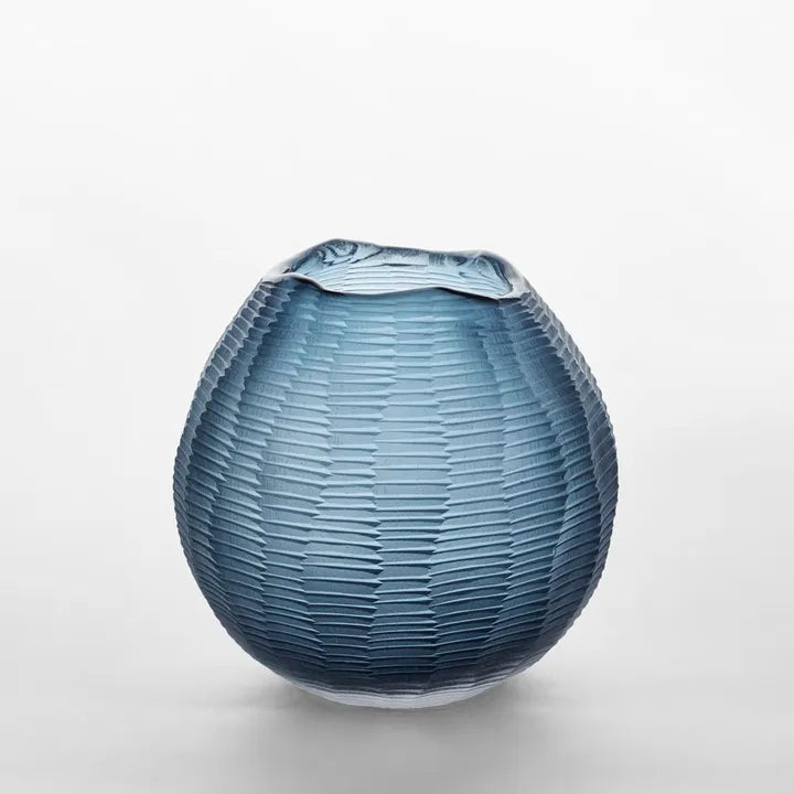 Artem Glass Ball Vase Blue Carved Small