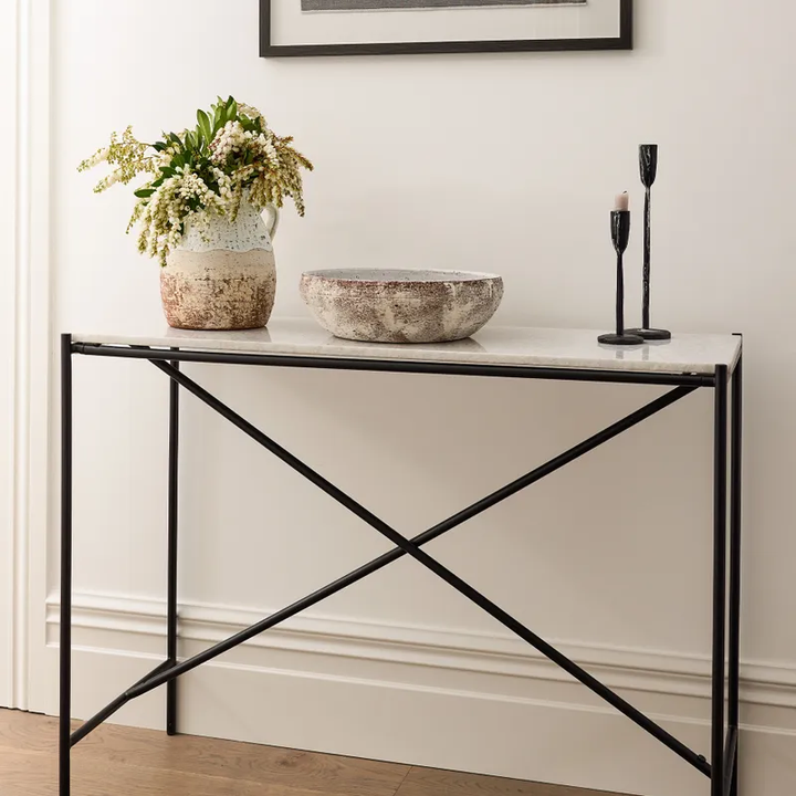 Calypso Cross Bar Iron and Marble Console