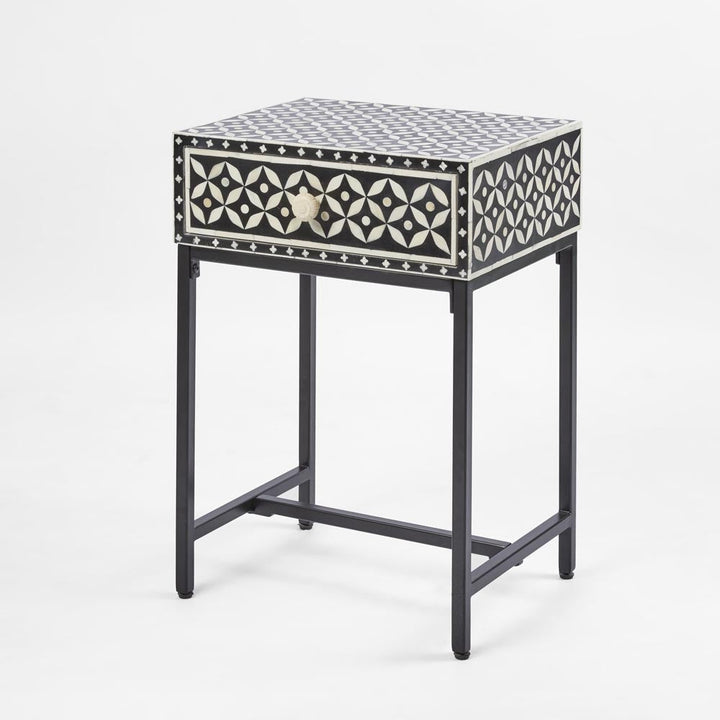 Stella Bone Inlay Bedside Table Black/White/Black Base