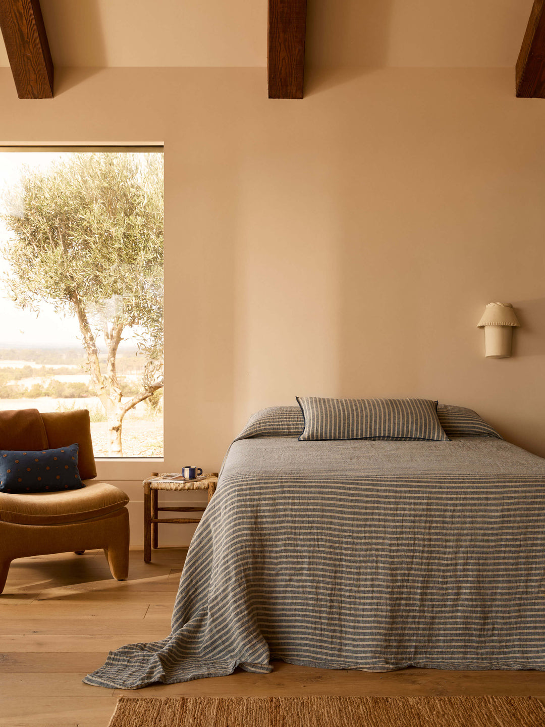 Ava Indigo Stripe Pure Linen Bedcover