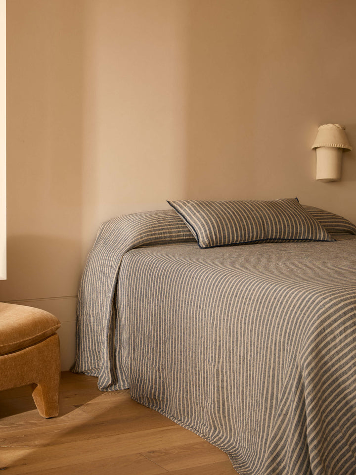 Ava Indigo Stripe Pure Linen Lumbar Cushion