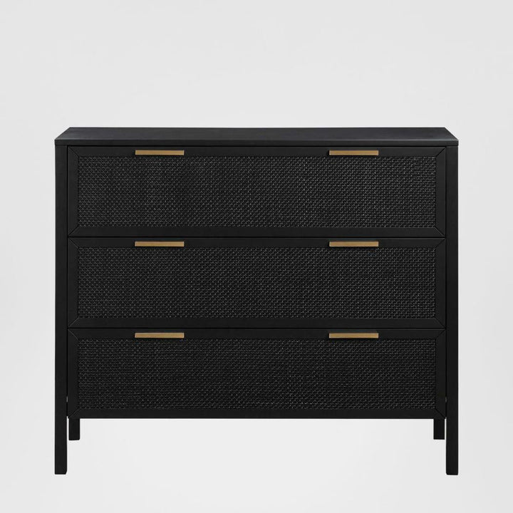 Santorini Hamptons 3 Drawer Timber/Rattan Dresser 100cm Black