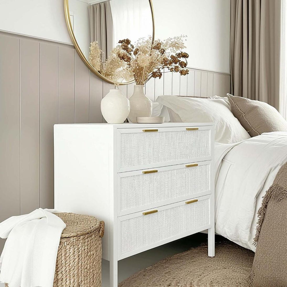 Santorini Hamptons 3 Drawer Timber/Rattan Dresser 100cm White