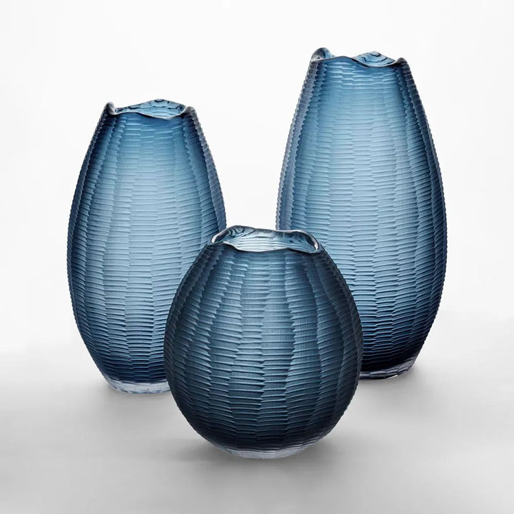 Artem Glass Vase Blue Carved Large
