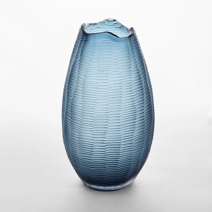 Artem Glass Vase Blue Carved Large