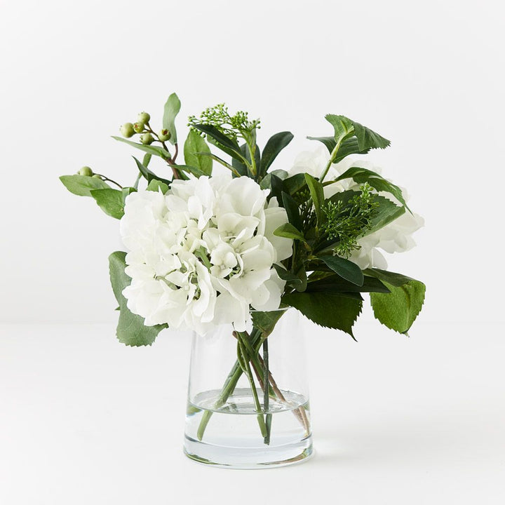 Artificial white hydrangea arrangement in glass vase 33cm