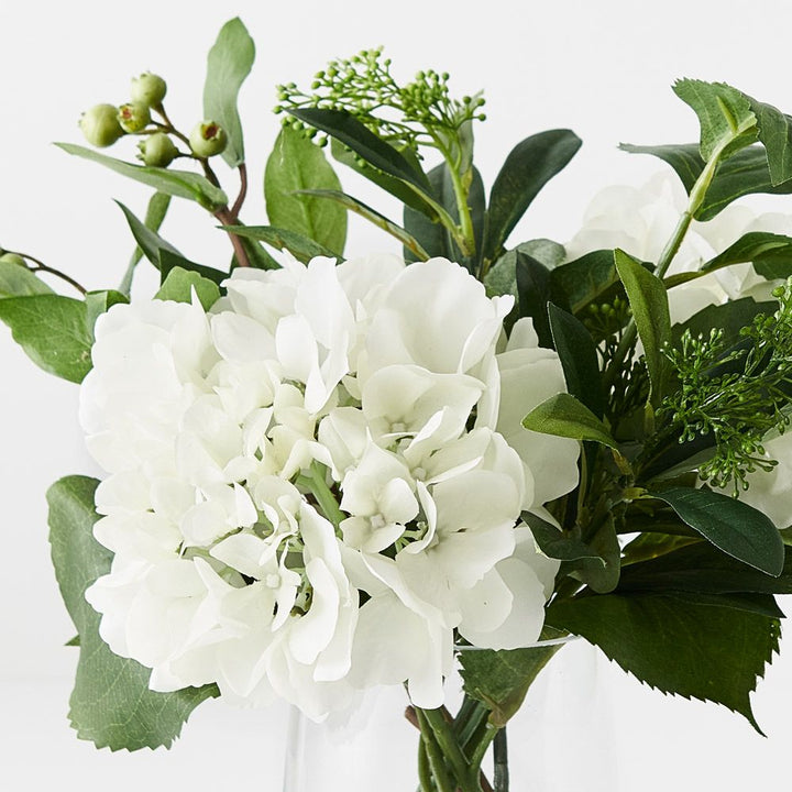 Artificial white hydrangea arrangement in glass vase 33cm – view 2