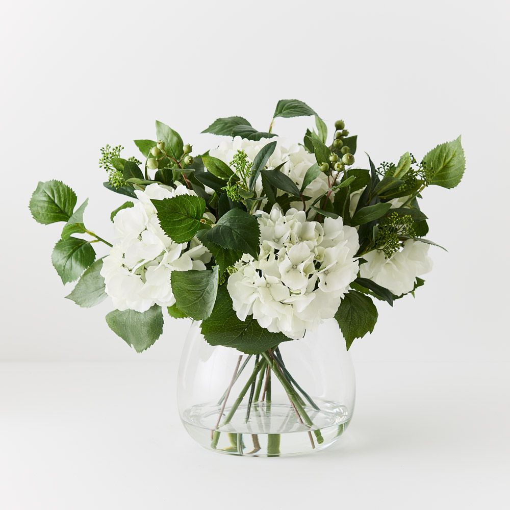 Artificial white hydrangea arrangement in glass vase 43cm
