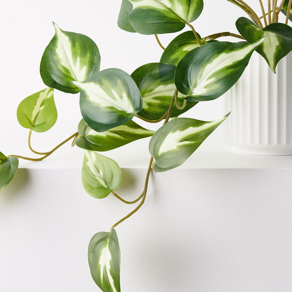 Artificial pothos hanging bush in white ceramic pot 22cm – view 2