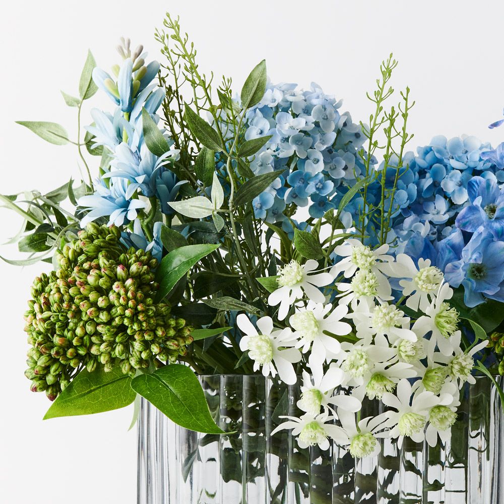 Wide artificial blue and white hydrangea and delphinium in ripple glass vase 45cm – view 2