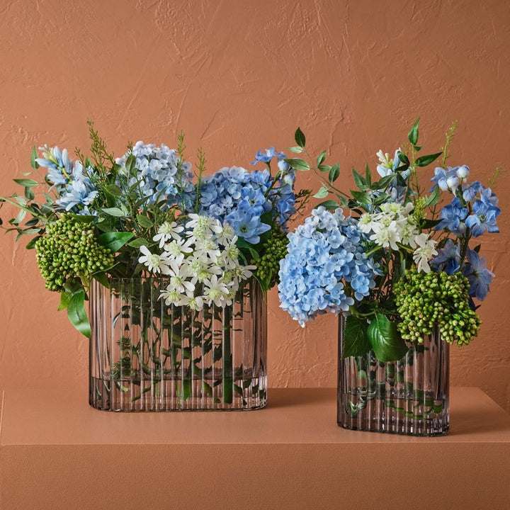 Wide artificial blue and white hydrangea and delphinium in ripple glass vase 45cm – view 3
