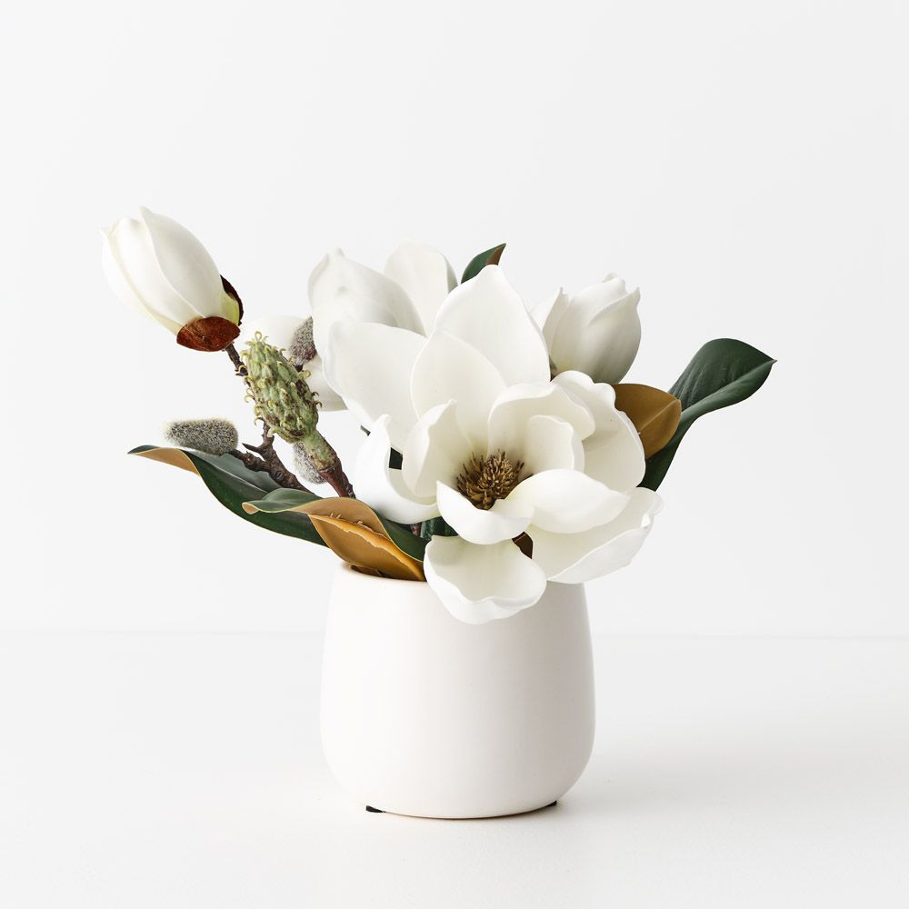 Artificial white Japanese magnolia in ceramic pot 23cm