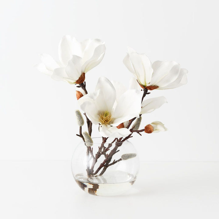 Artificial white Japanese magnolia in glass vase 33cm