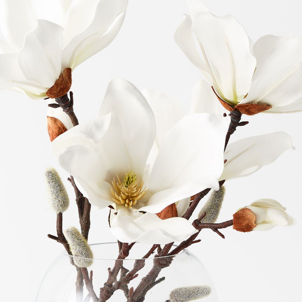 Artificial white Japanese magnolia in glass vase 33cm – view 2