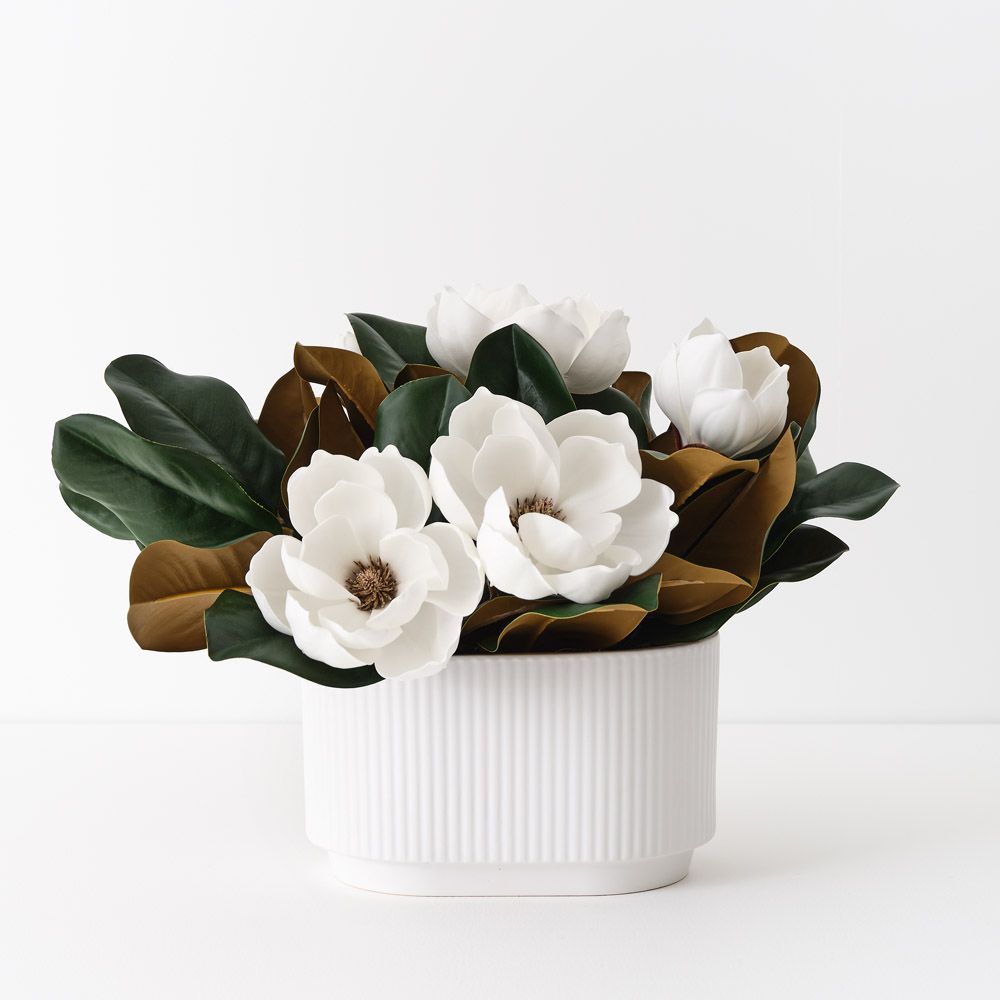 Artificial white Japanese magnolia in oval ceramic pot 33cm