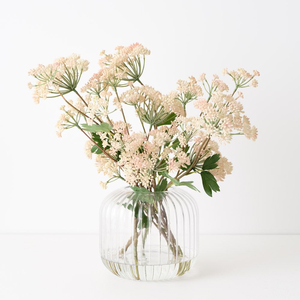Artificial cream and pink Queen Anne's lace in fluted glass vase 48cm