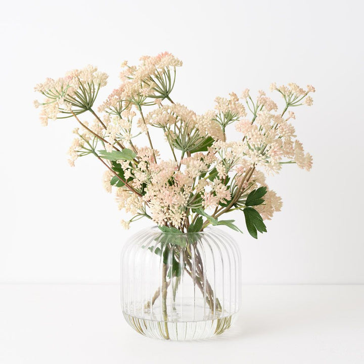 Artificial cream and pink Queen Anne's lace in fluted glass vase 48cm