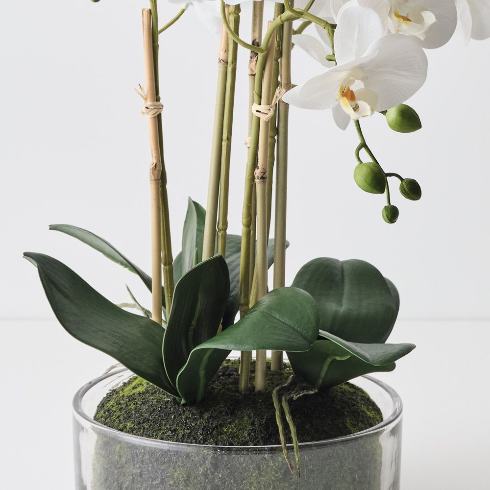 Artificial white phalaenopsis orchid in glass bowl 61cm – view 2