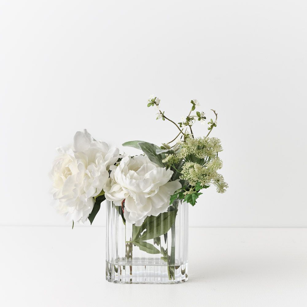 Artificial white peony and snow willow in glass vase 38cm