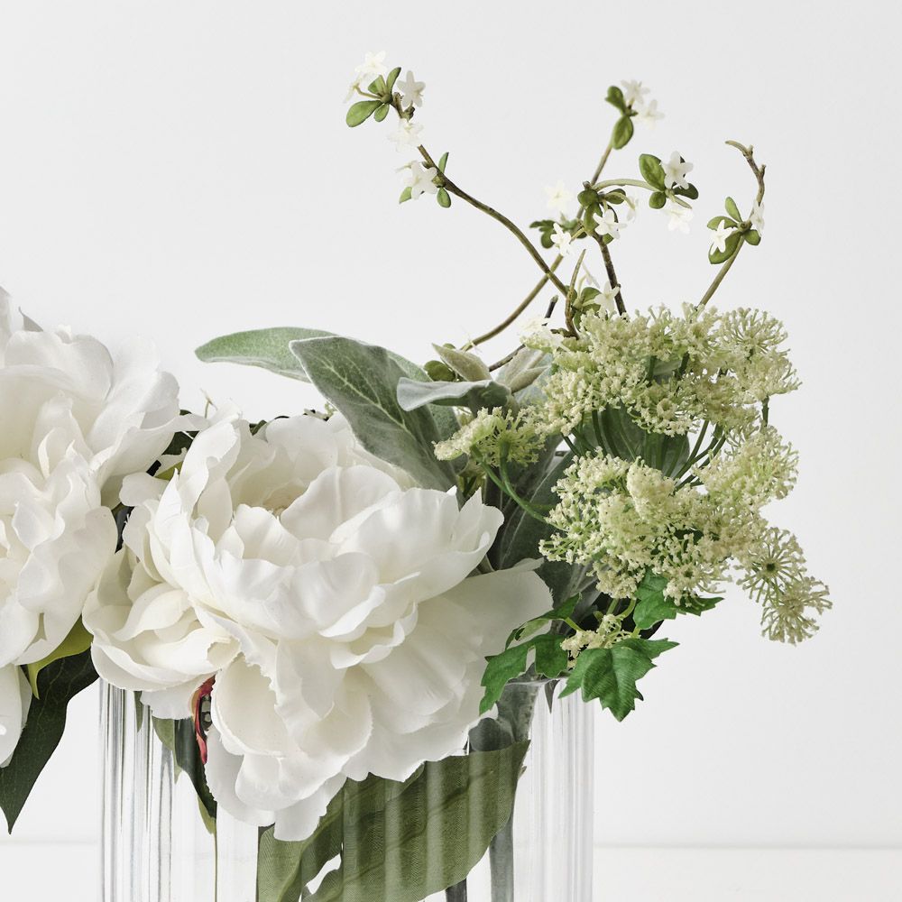 Artificial white peony and snow willow in glass vase 38cm – view 2