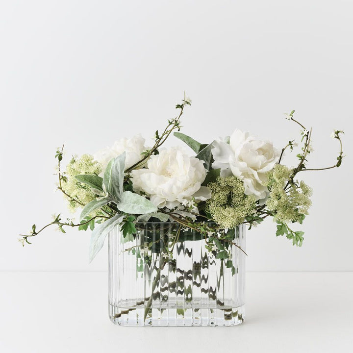 Artificial white peony and snow willow in glass vase 48cm