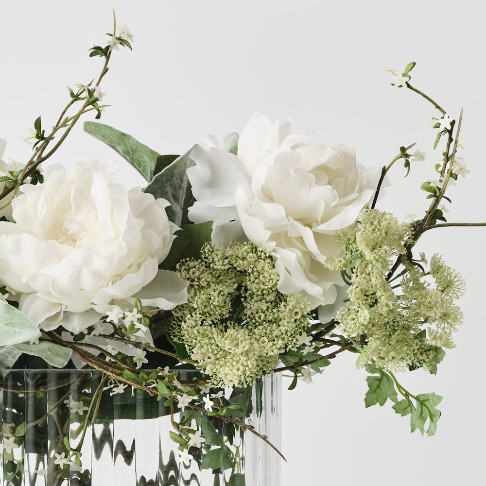 Artificial white peony and snow willow in glass vase 48cm – view 2