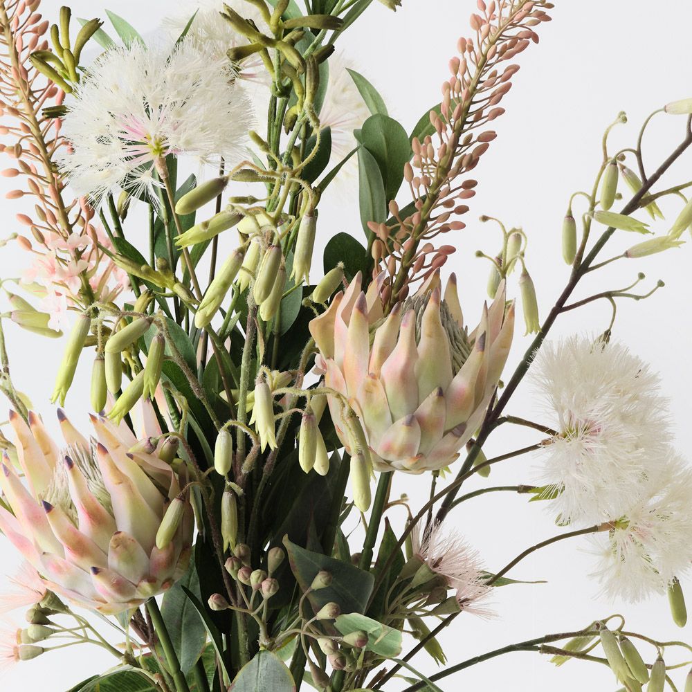 Artificial dandelion and protea arrangement in glass vase 110cm – view 2