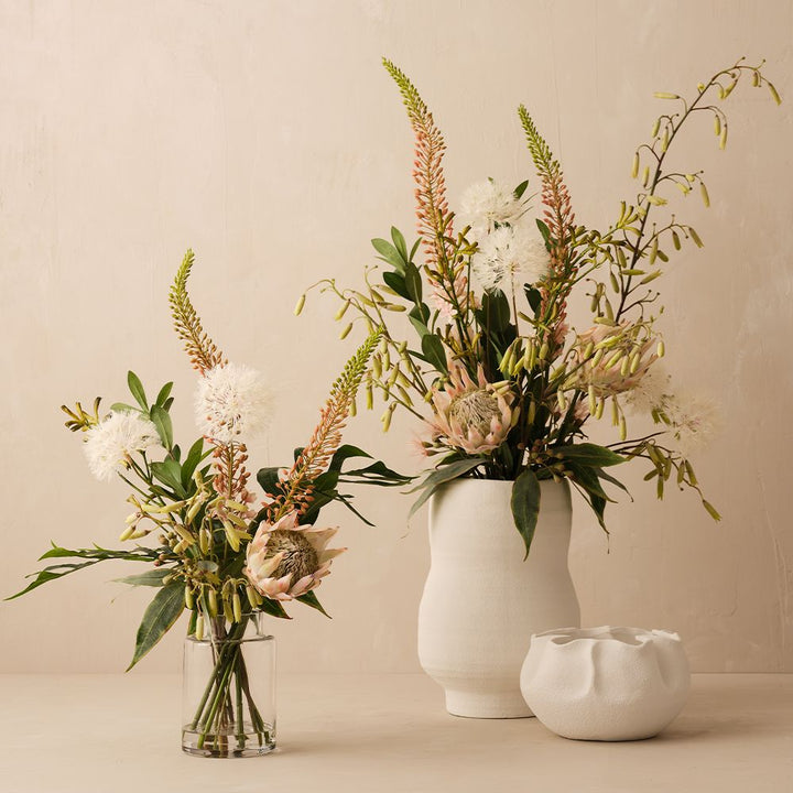 Artificial dandelion and protea arrangement in glass vase 110cm – view 3