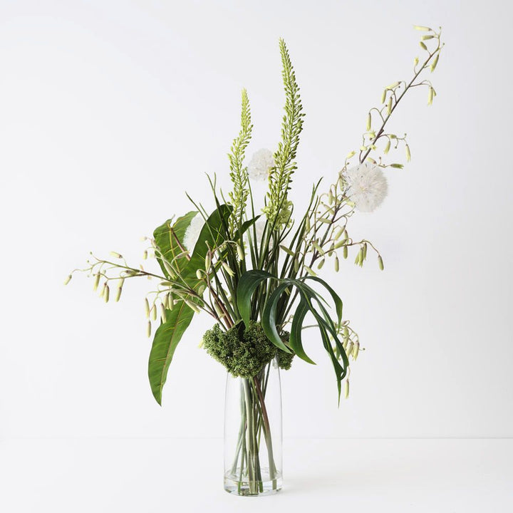 Artificial dandelion and bells arrangement in glass vase 110cm