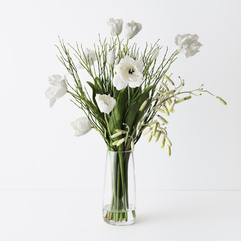Artificial white tulips in glass vase 69cm