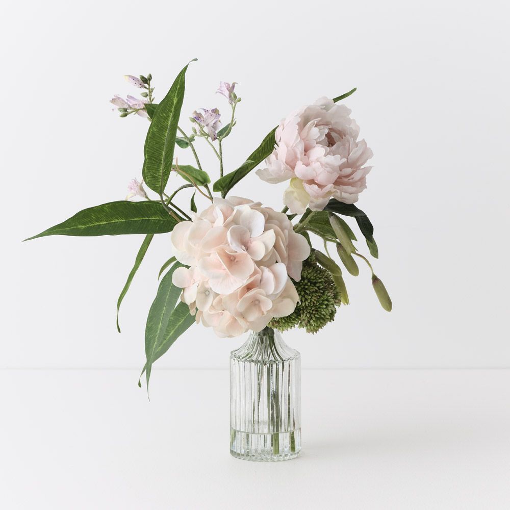 Artificial light pink hydrangea and peony in glass vase 40cm