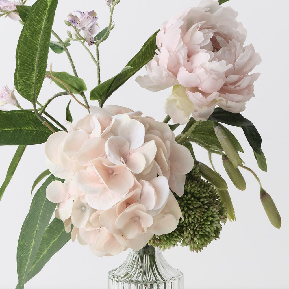 Artificial light pink hydrangea and peony in glass vase 40cm – view 2