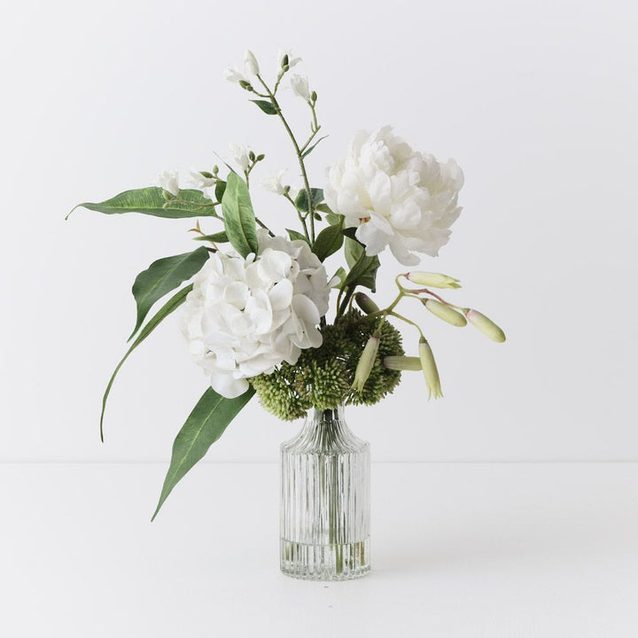 Artificial white hydrangea and peony in glass vase 40cm