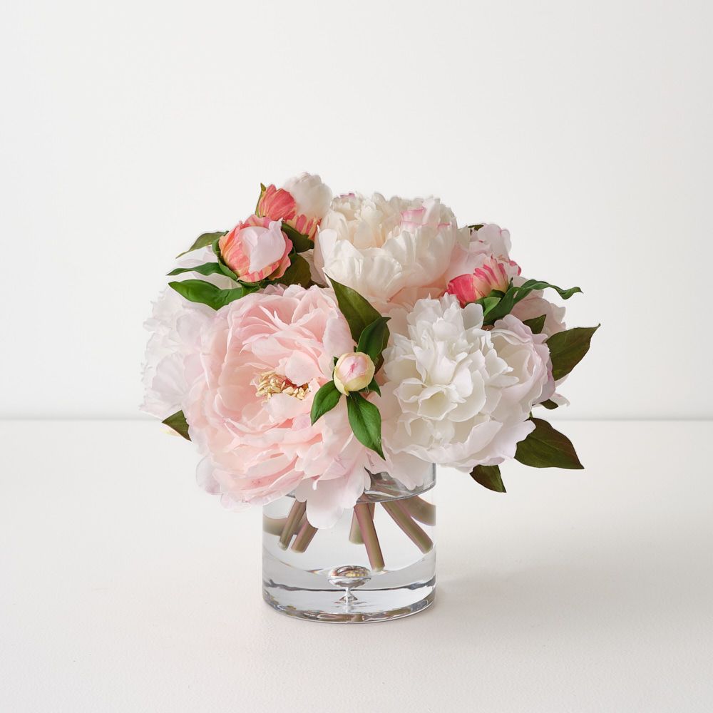 Artificial light pink peonies in glass vase 25cm