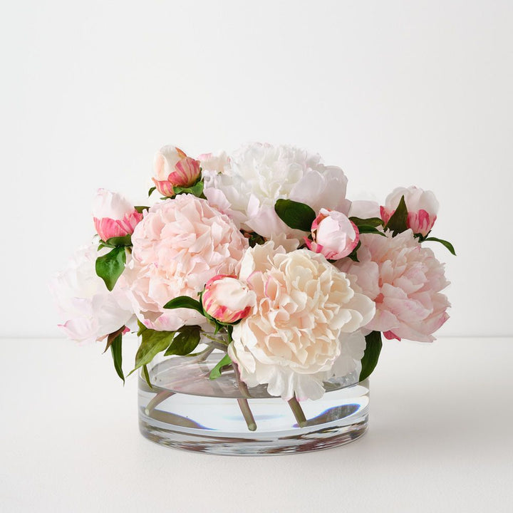 Artificial light pink peonies in glass vase 24cm