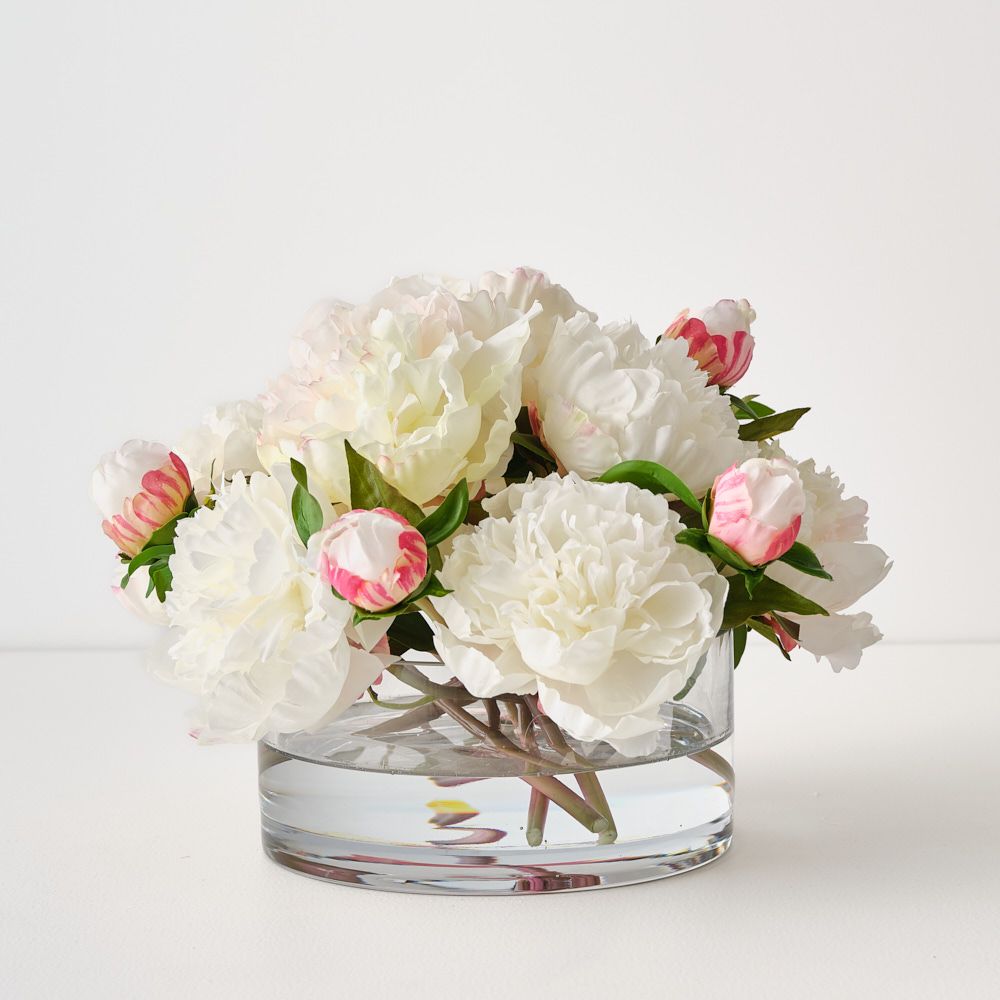 Artificial white peonies in glass vase 24cm