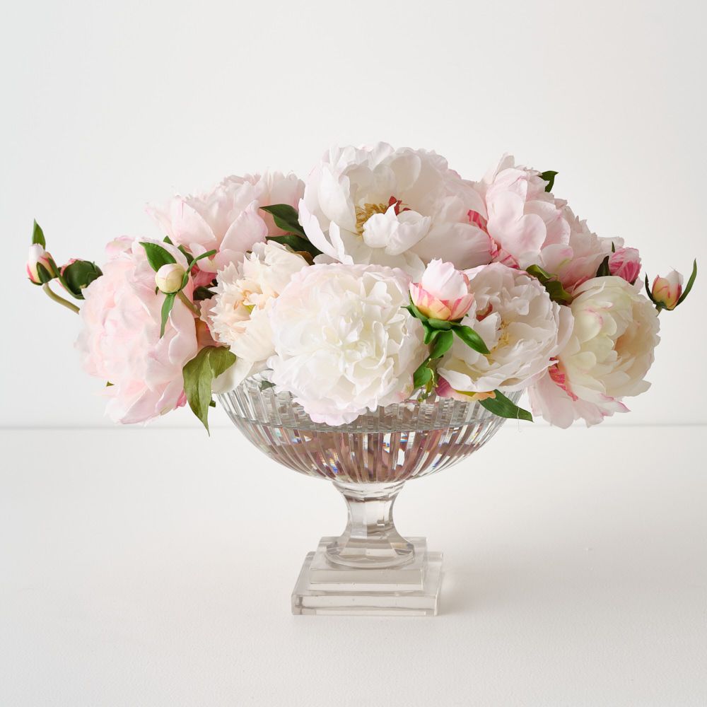 Artificial light pink peonies in glass bowl 33cm