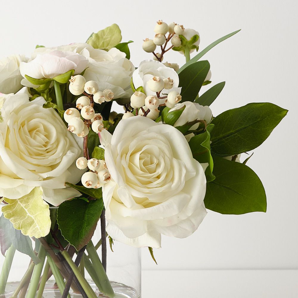 Artificial white ranunculus and rose arrangement in glass vase 33cm – view 2