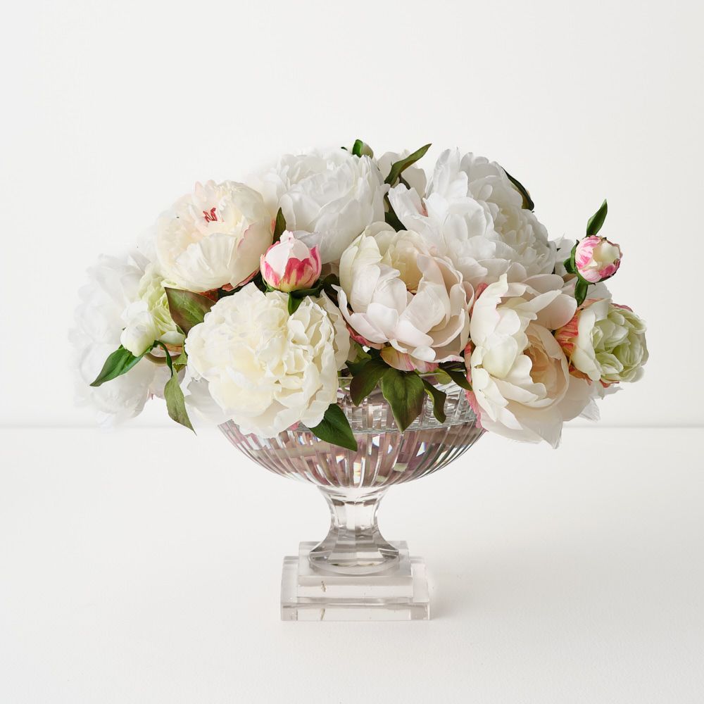 Artificial white peonies in glass bowl 33cm