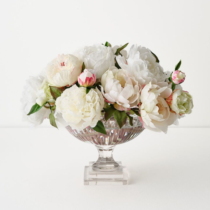 Artificial white peonies in glass bowl 33cm