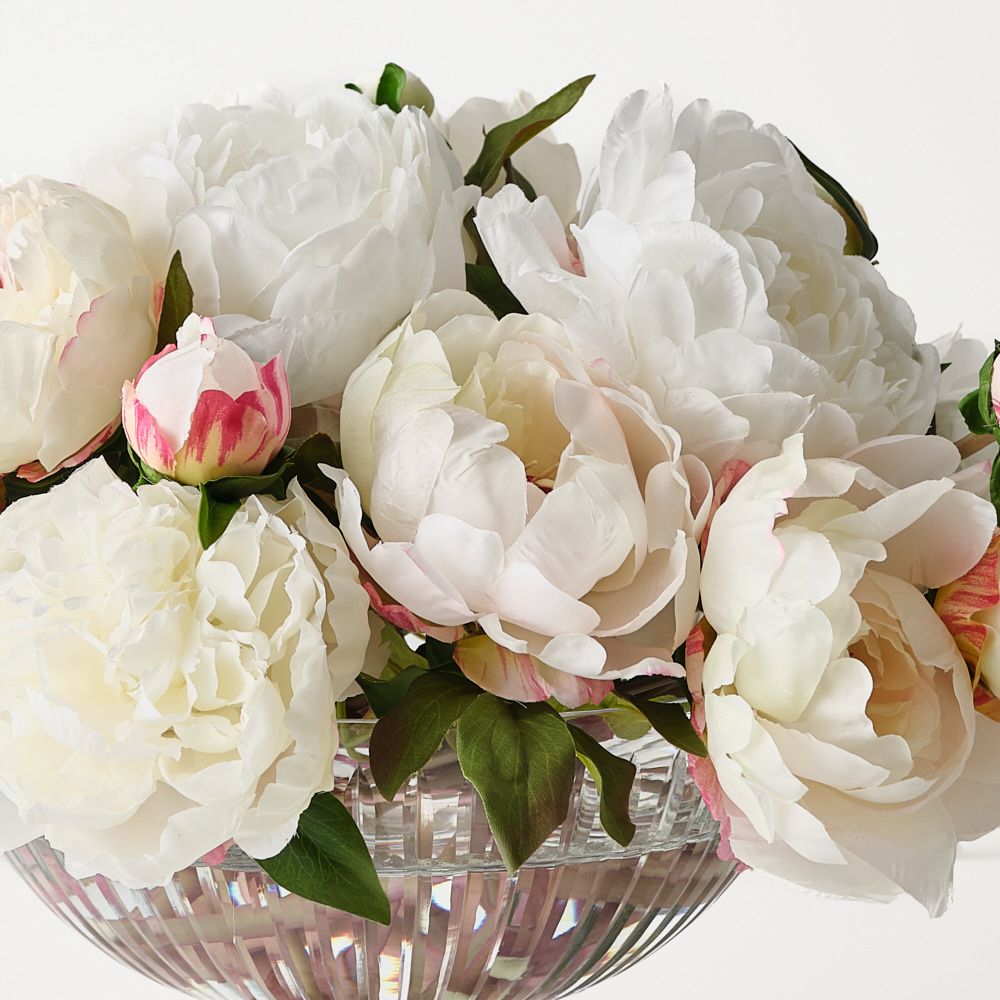 Artificial white peonies in glass bowl 33cm – view 2