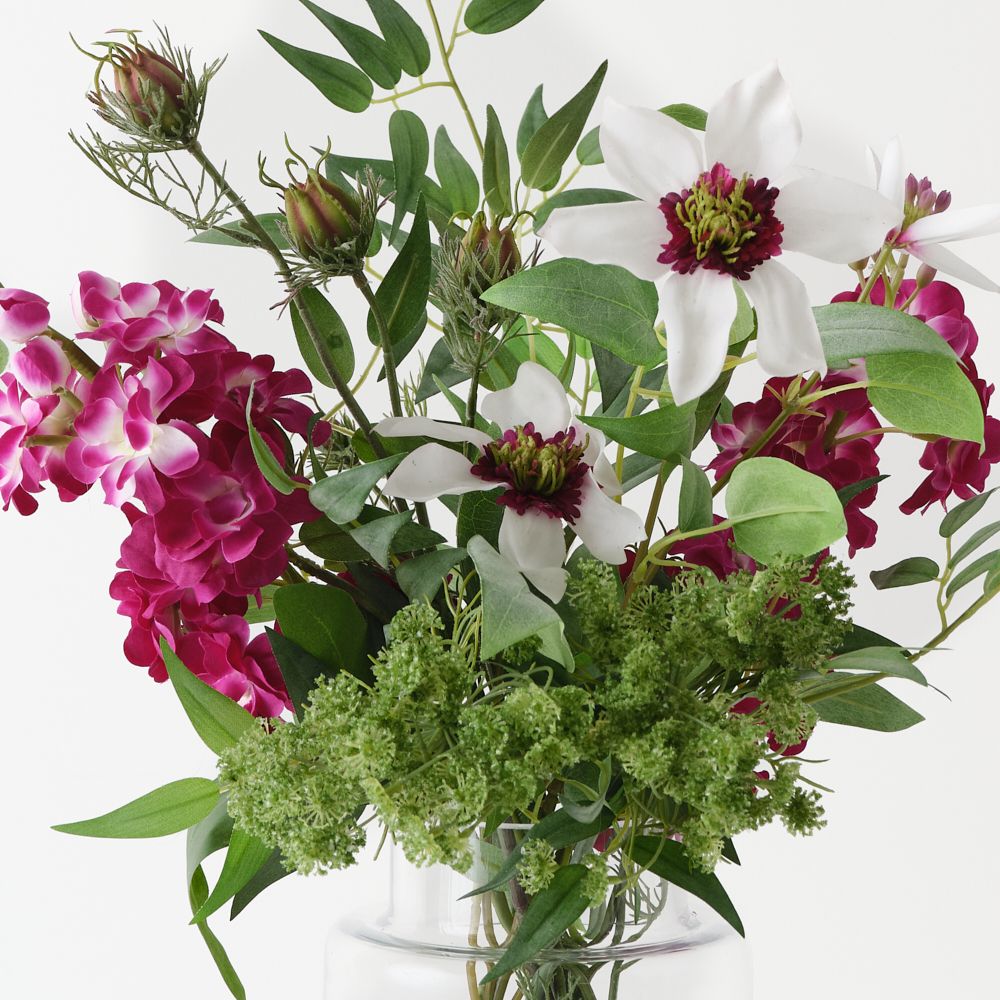 Artificial white clematis and fuchsia stock arrangement in glass vase 48cm – view 2