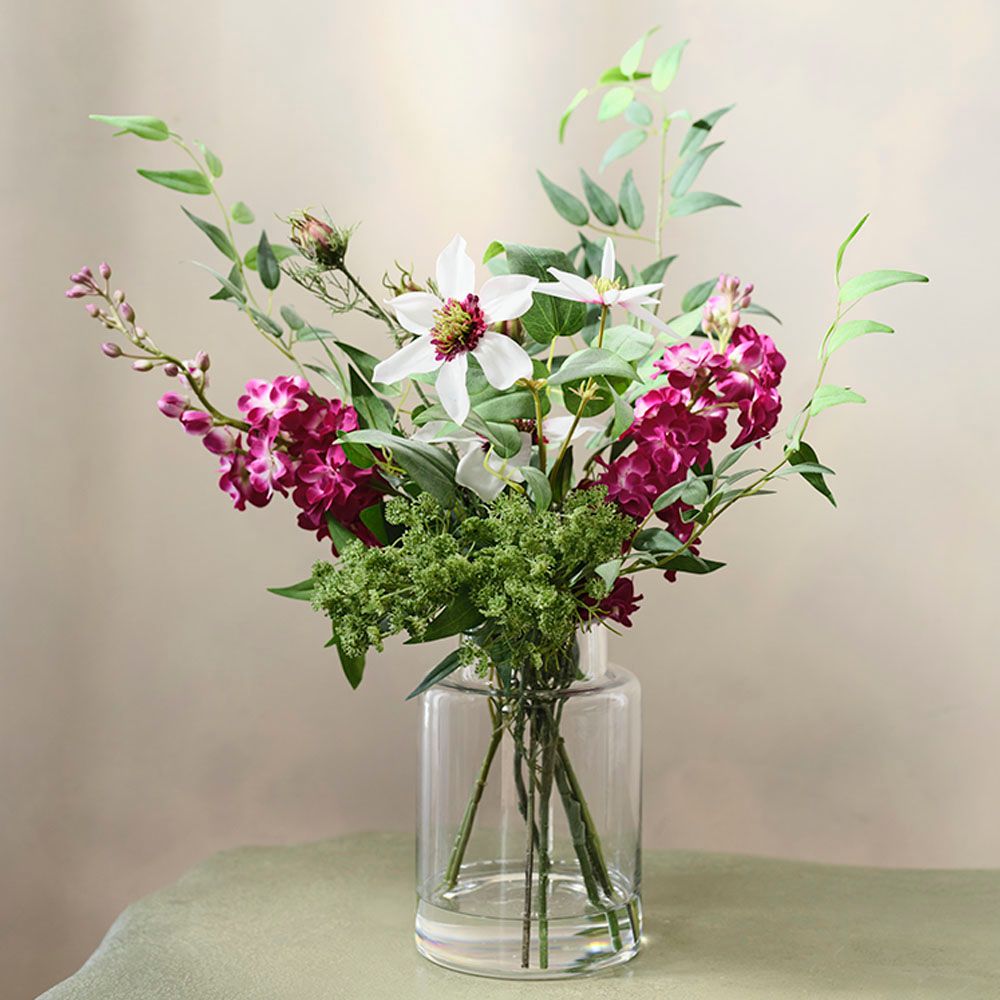 Artificial white clematis and fuchsia stock arrangement in glass vase 48cm – view 3