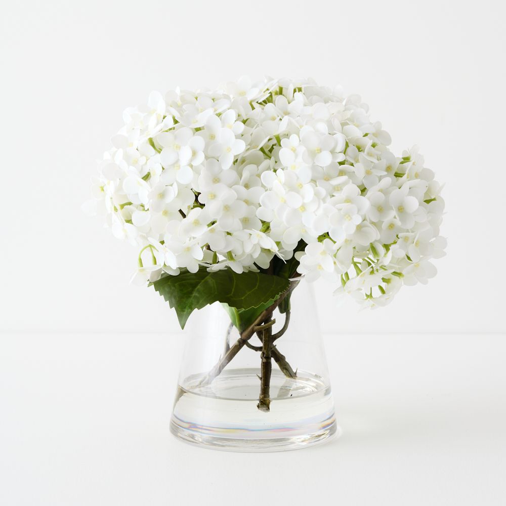 Artificial white hydrangeas in glass vase 26cm