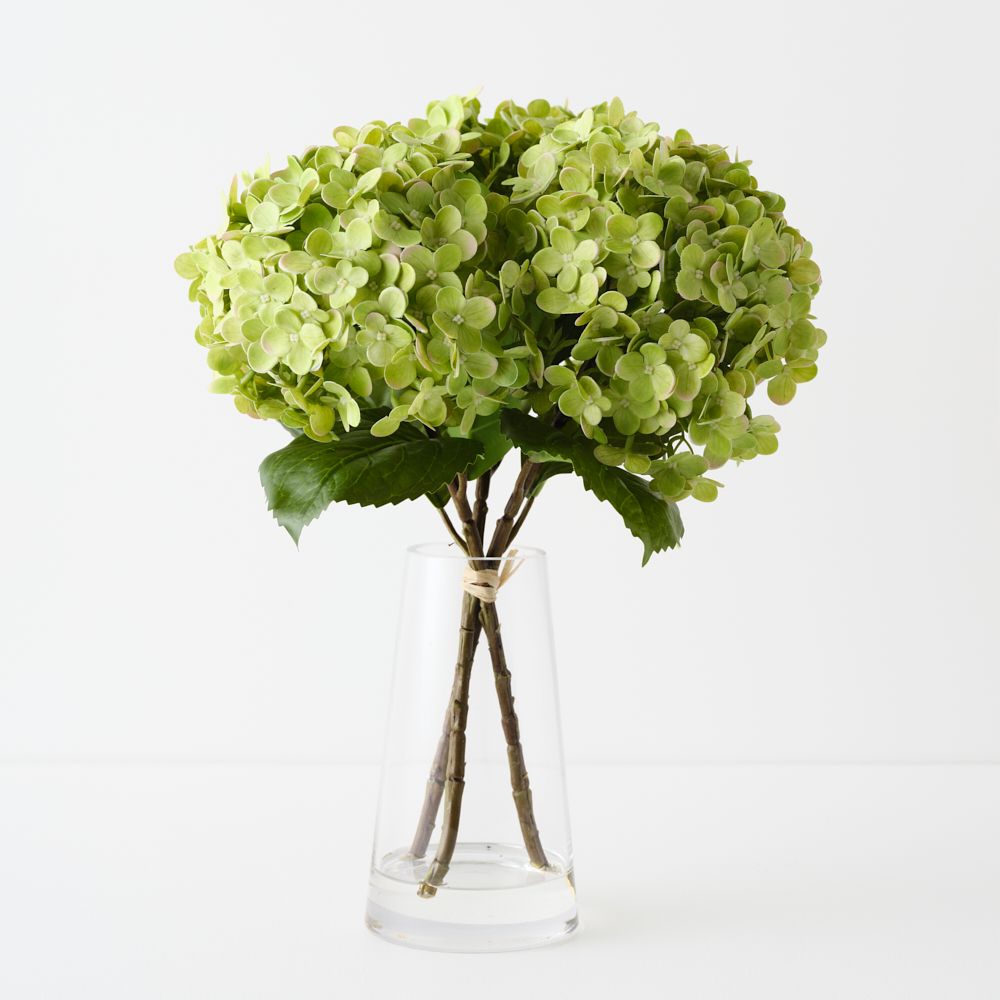 Artificial apple green hydrangeas in glass vase 38cm