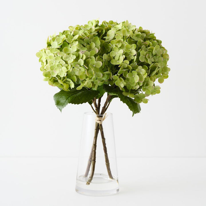 Artificial apple green hydrangeas in glass vase 38cm