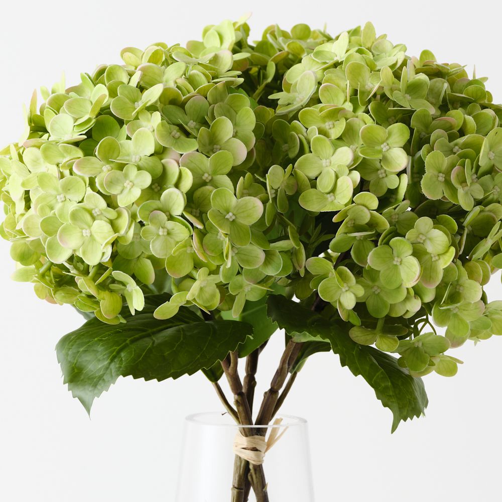 Artificial apple green hydrangeas in glass vase 38cm – view 2