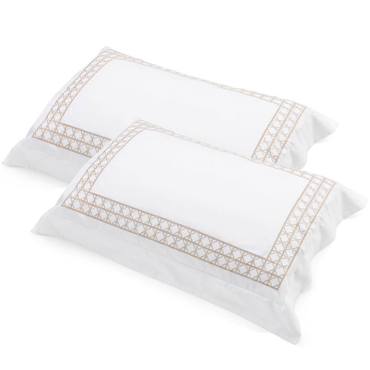 White tailored pillowcases with Fawn Rattan embroidered border