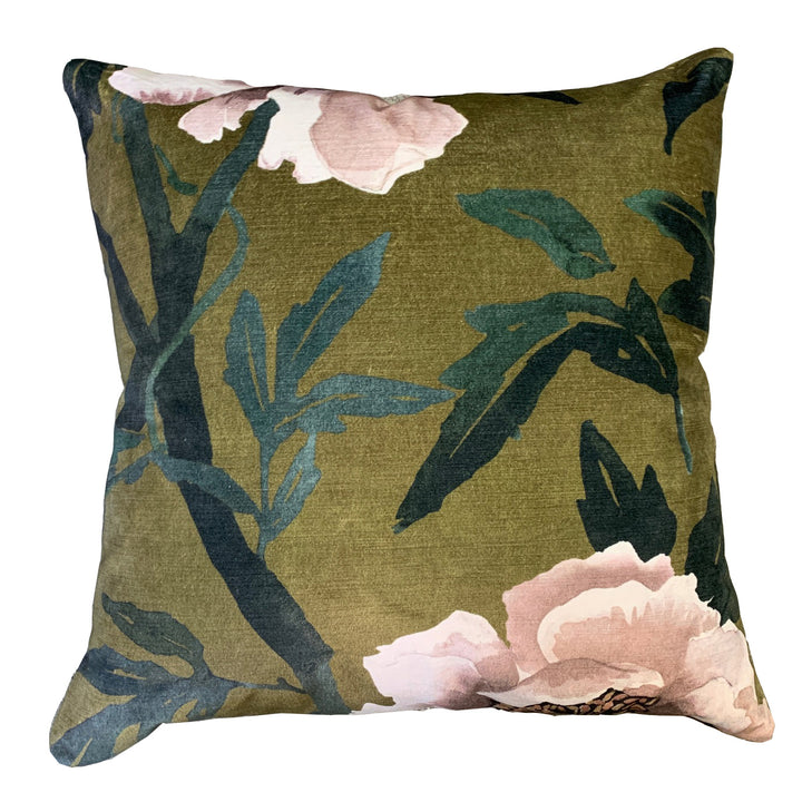 Olive Pink Peony Velvet Cushion